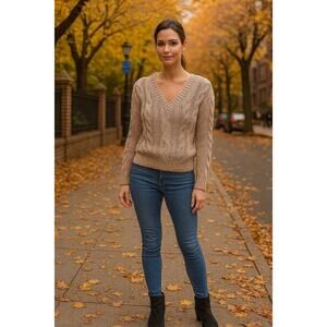 Stitches + Stripes Cotton V-Neck Cable Knit Pullover Sweater Tan Women's Size XS